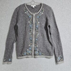 Dressbarn Small Granny Floral Embroidered Silk Angora Blend Sweater Cardigan Zip